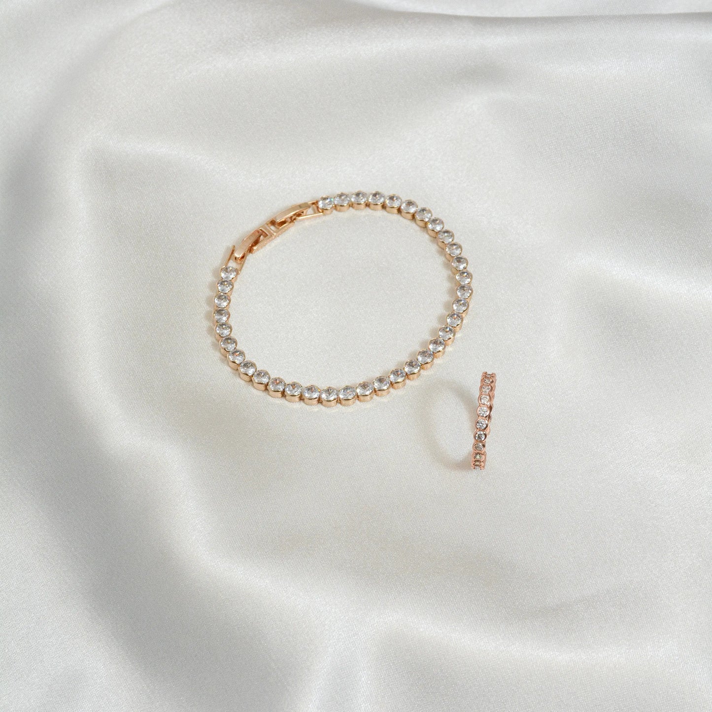 Tennis Schmuck Set Lamia in Roségold mit Zirkonia Armband und offenem Ring – elegantes Damen‑Armband‑Ring‑Set