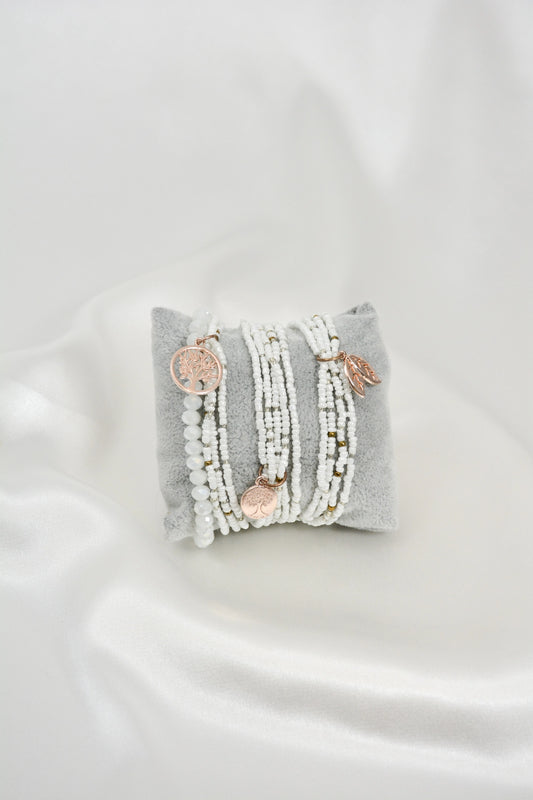 3‑teiliges Armband Set White Fantasy in Weiß mit rosegoldfarbenen Details, Modeschmuck Zugarmbänder
