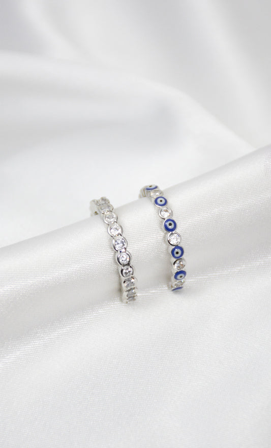 Tennis Ring Set Lamia Silberfarben mit Nazar Auge‑Motiv und blauen Zirkonia‑Steinen