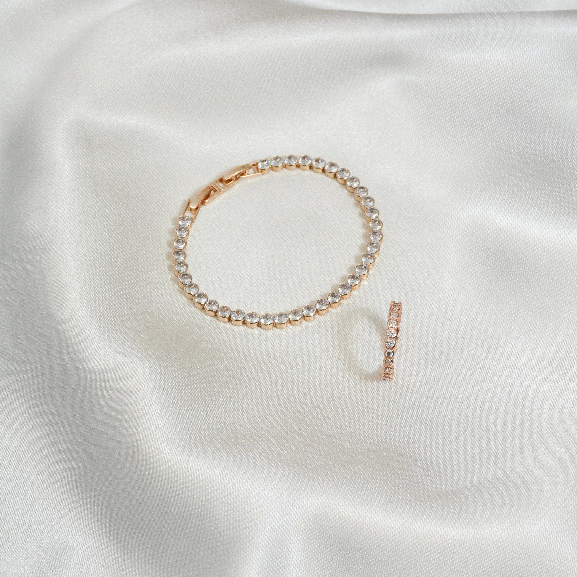 Tennis Schmuck Set Lamia in Roségold mit Zirkonia Armband und offenem Ring – elegantes Damen‑Armband‑Ring‑Set